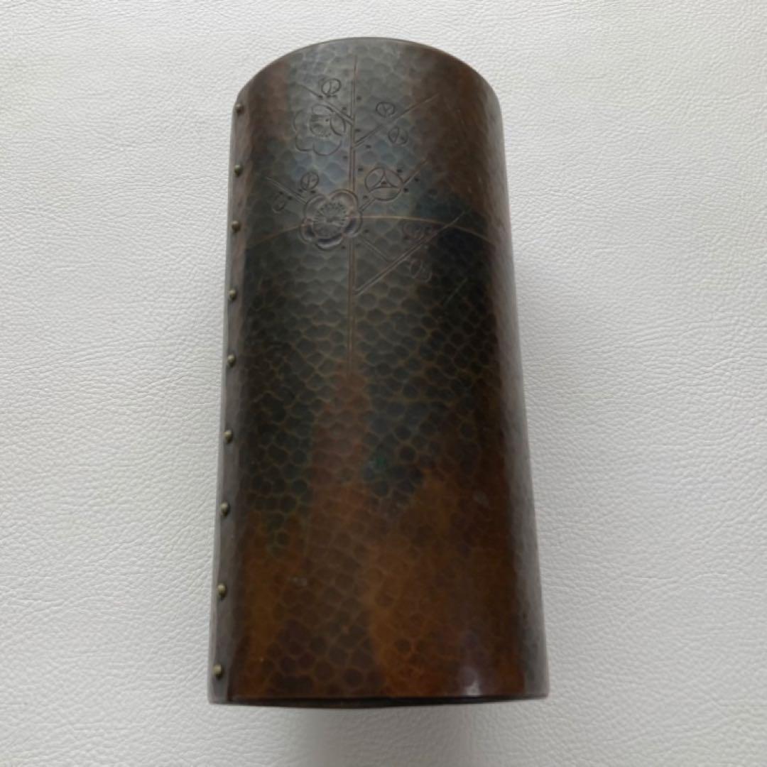 古い茶筒 玉川堂 鎚起銅器 槌目模様 鋲打 彫刻 花柄 和風 茶道具 レトロ