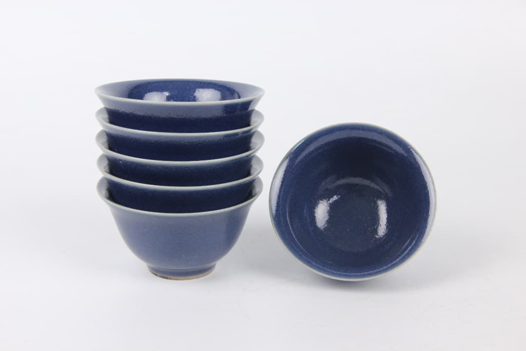 中国美術 青藍釉 茶杯 6客揃え 大明年造款 現代工芸品 ENM23-11