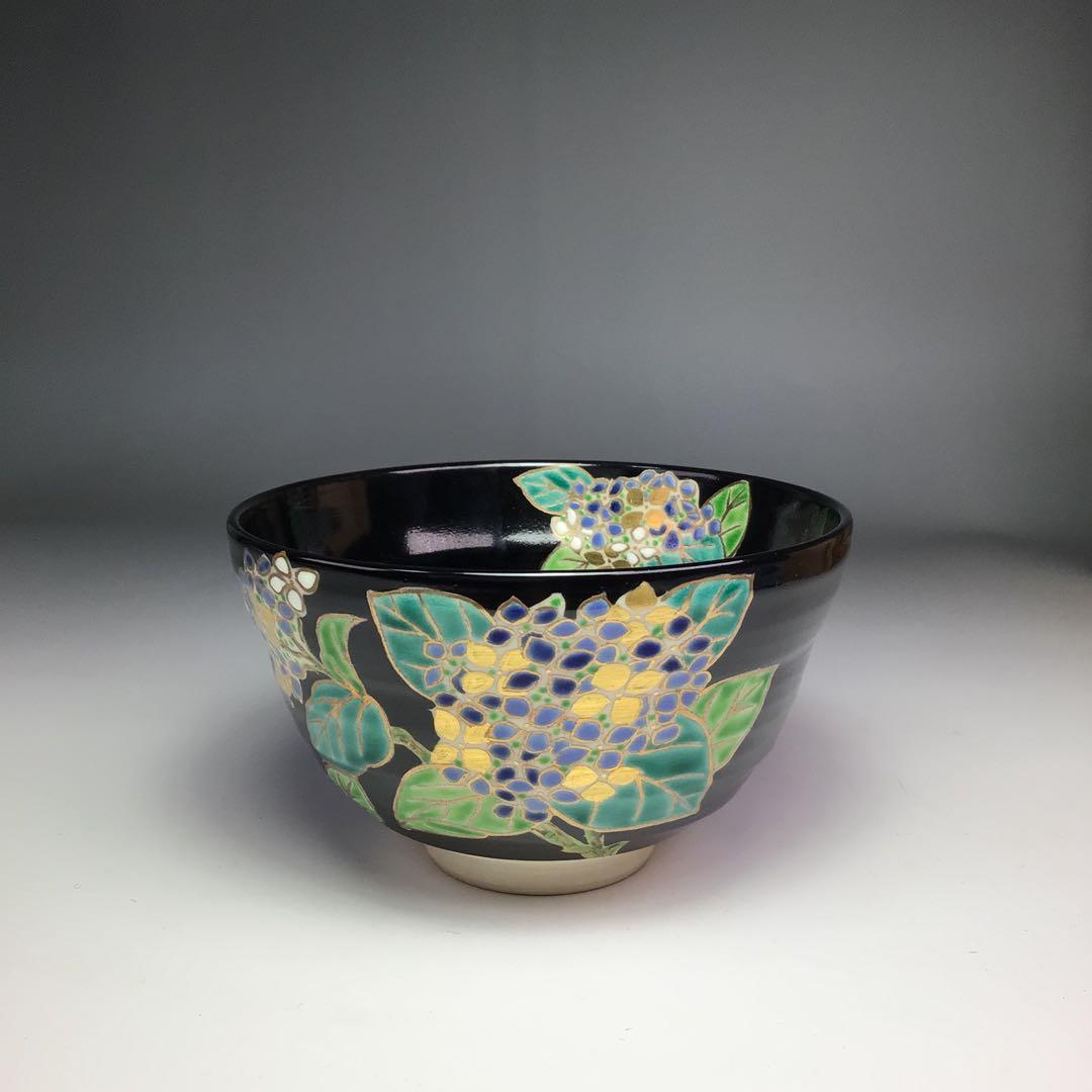 ウ346 茶碗『平安　手塚桐鳳』『仁清写色絵　紫陽花紋　茶碗　共箱』茶道具