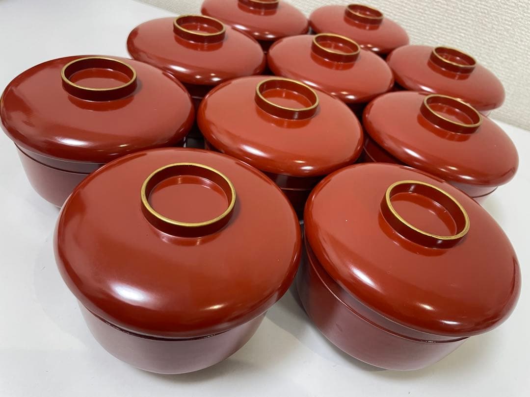 【現状品】漆器 輪島塗 金彩 朱塗 底黒塗 蓋付き椀 割烹 煮物椀 10個 ①