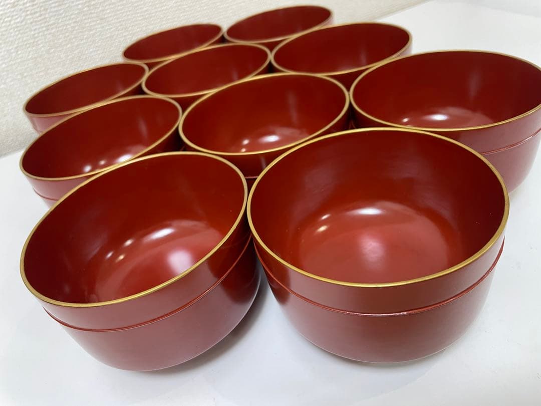 【現状品】漆器 輪島塗 金彩 朱塗 底黒塗 蓋付き椀 割烹 煮物椀 10個 ①