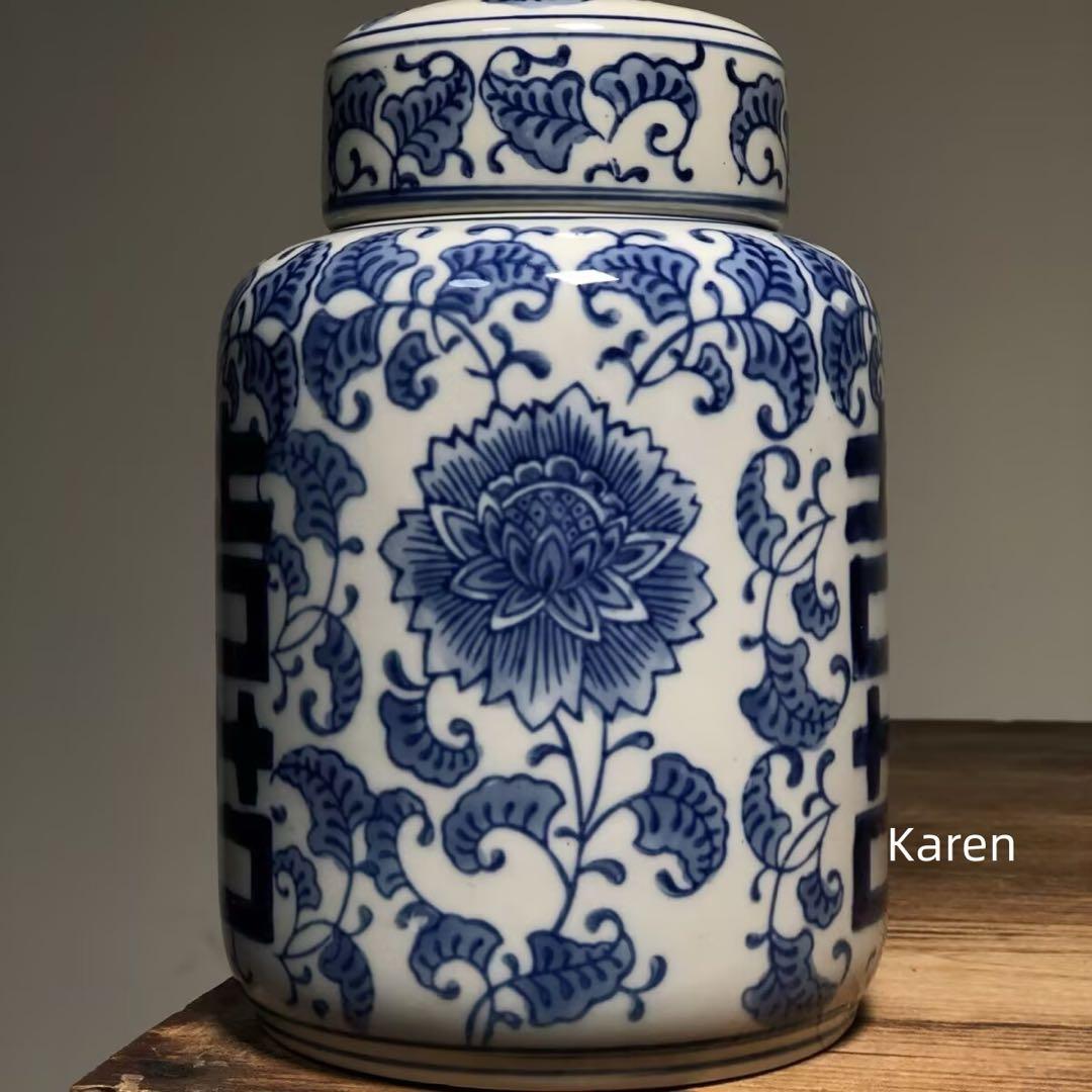 釉下彩 纏枝花 青花 双喜紋 茶壺 景徳鎮 陶磁器 美術品 置物 工芸品
