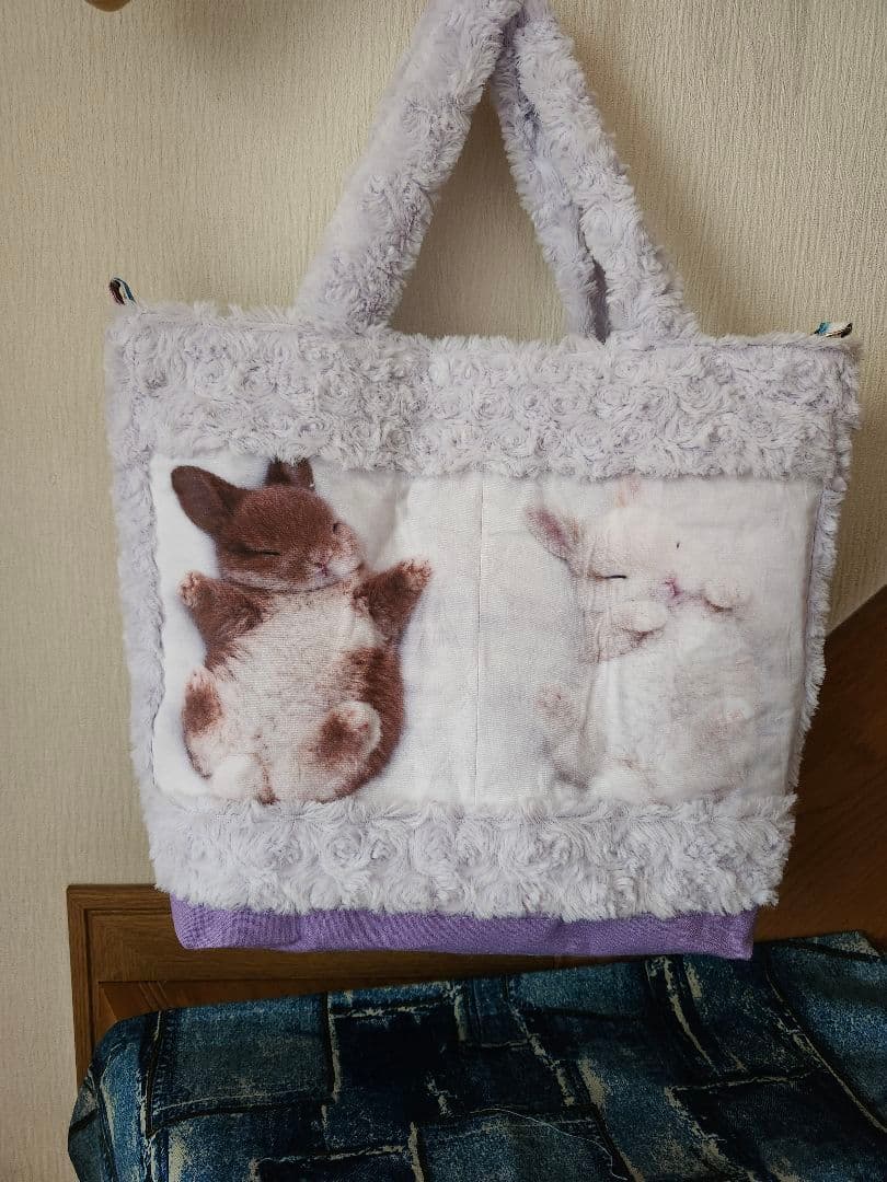 ハンドメイド、薔薇柄ファーパープル、うさぎパネルトートバッグ