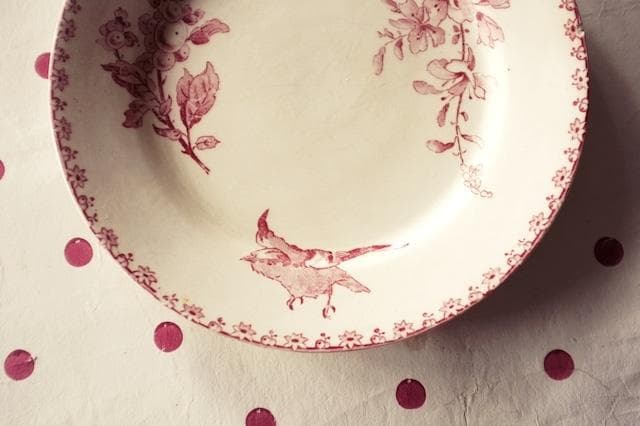 1890s サルグミンヌ 薔薇色の小鳥と実とプレート フランス アンティーク