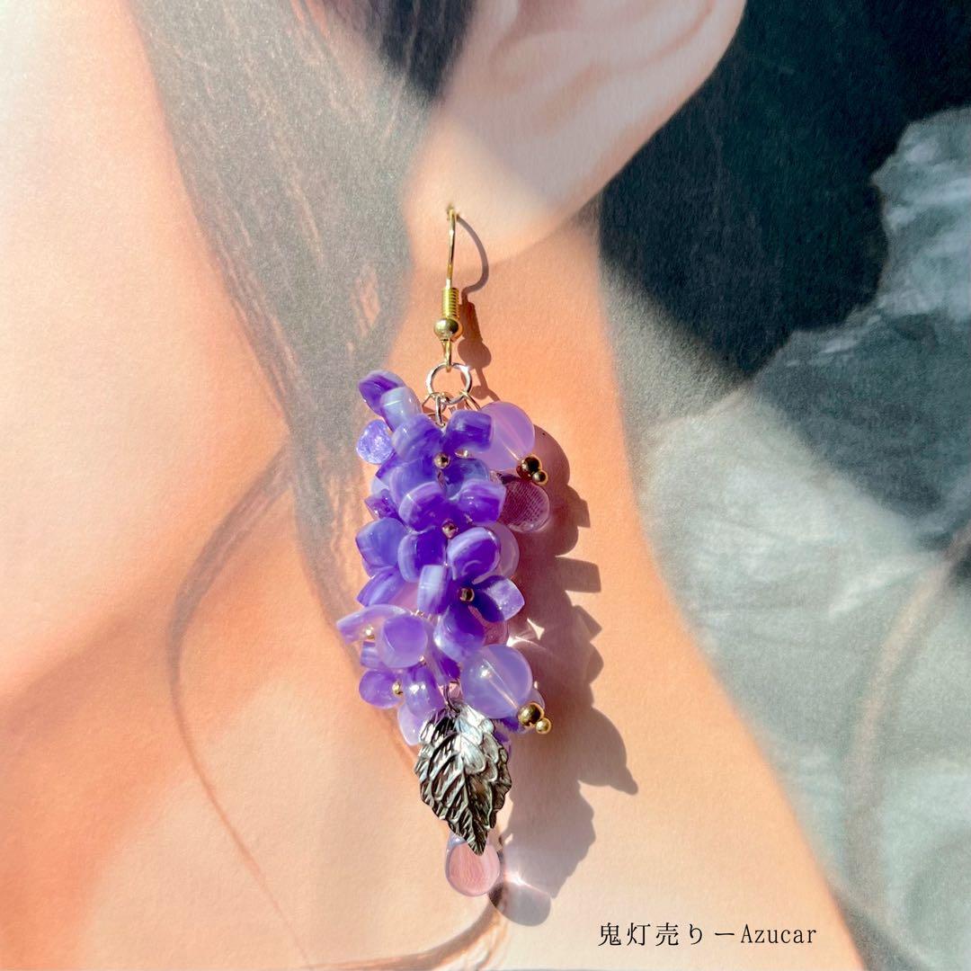 揺れる蓮と紫陽花のアシンメトリーピアス ─ カラーチェンジ鬼灯と雫 ─ 和装
