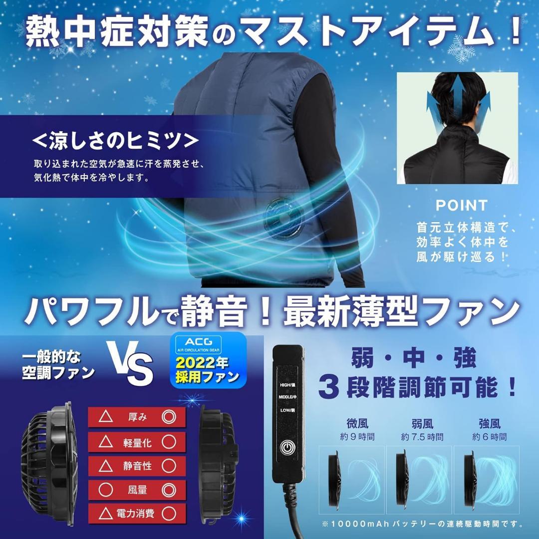 空調ウェアベスト ファン＆バッテリー付き 3段階調整 パワフル 3L 迷彩ブルー