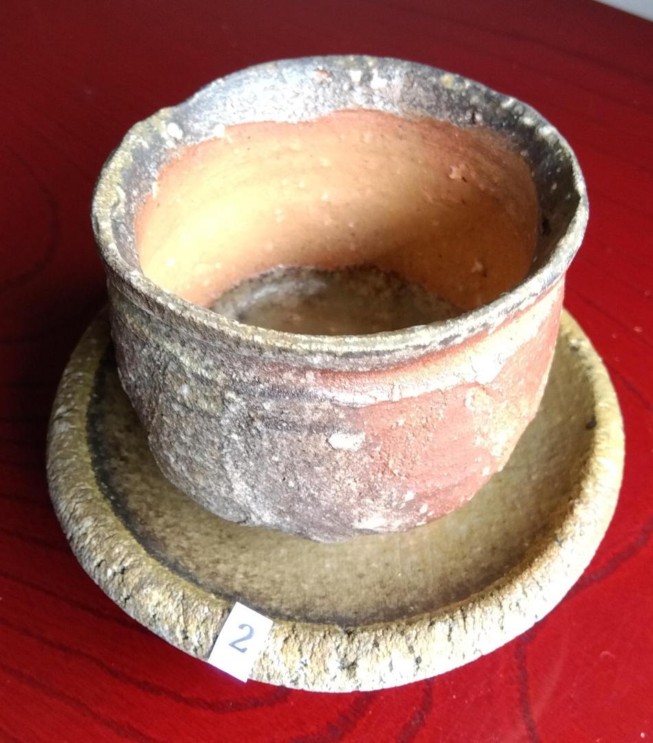 越前焼名工　白越不朝　塩越窯　自然灰釉究極美逸品ぐい呑湯呑み3種茶托セットNo2