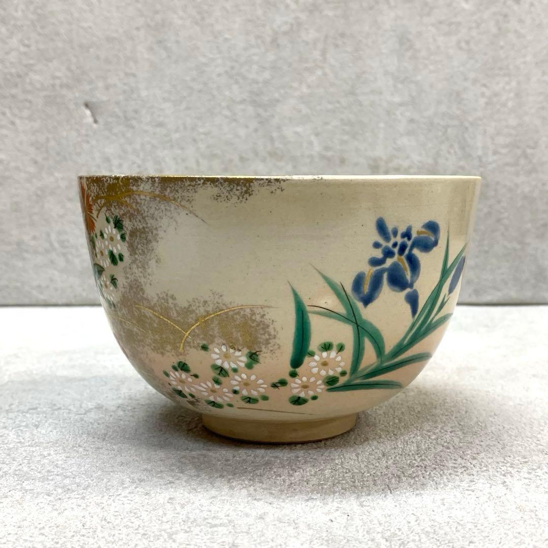 A-6 茶碗 平安陶扇 南天撫子 菖蒲 茶道具 抹茶 和食器 茶の湯 花 色絵