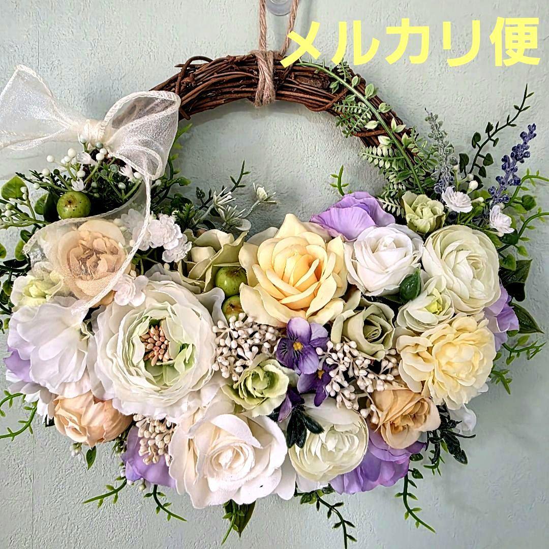 フラワーリース 春の足音5 咲き誇る花たちの花かご 玄関リース 造花