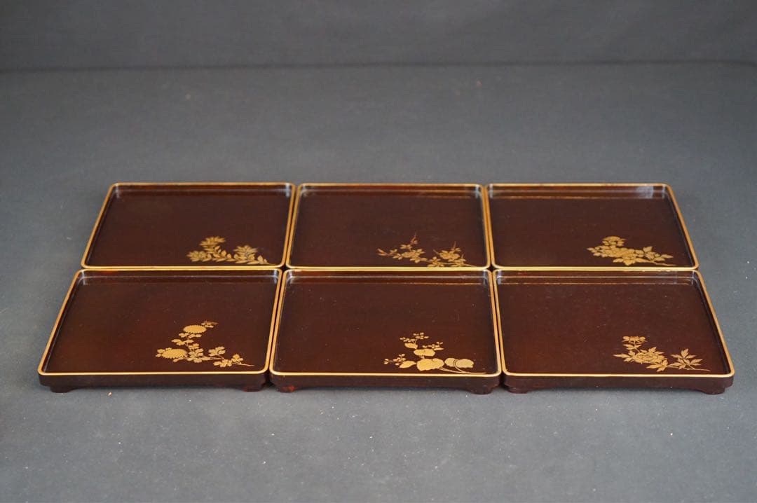 木製漆器 草花 絵変蒔絵 吸物膳 6客 足付 四方膳 時代物 小ぶり