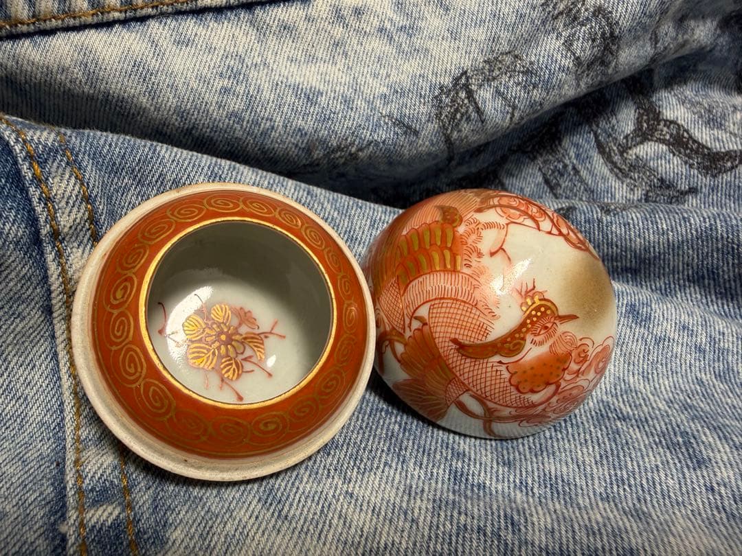 古九谷 金彩赤絵鳳凰 春画図蓋付 珍味入れ