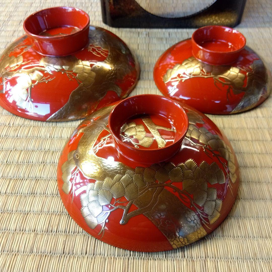 祝い盃　三ッ組盃　山水文盃台付　蒔絵鶴の図　高蒔絵松の図　共箱　極上品　漆芸