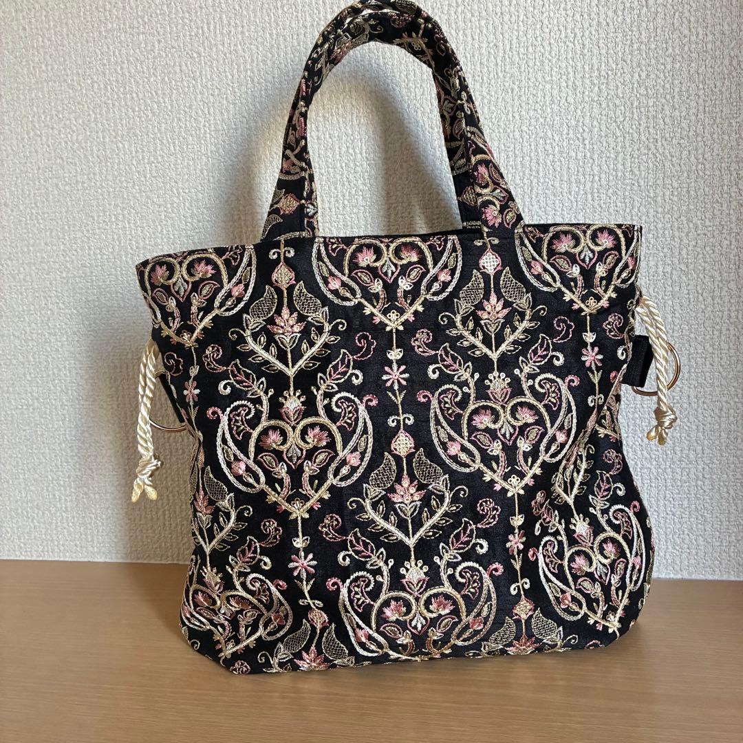 巾着バッグ（インド刺繍　ブラック）