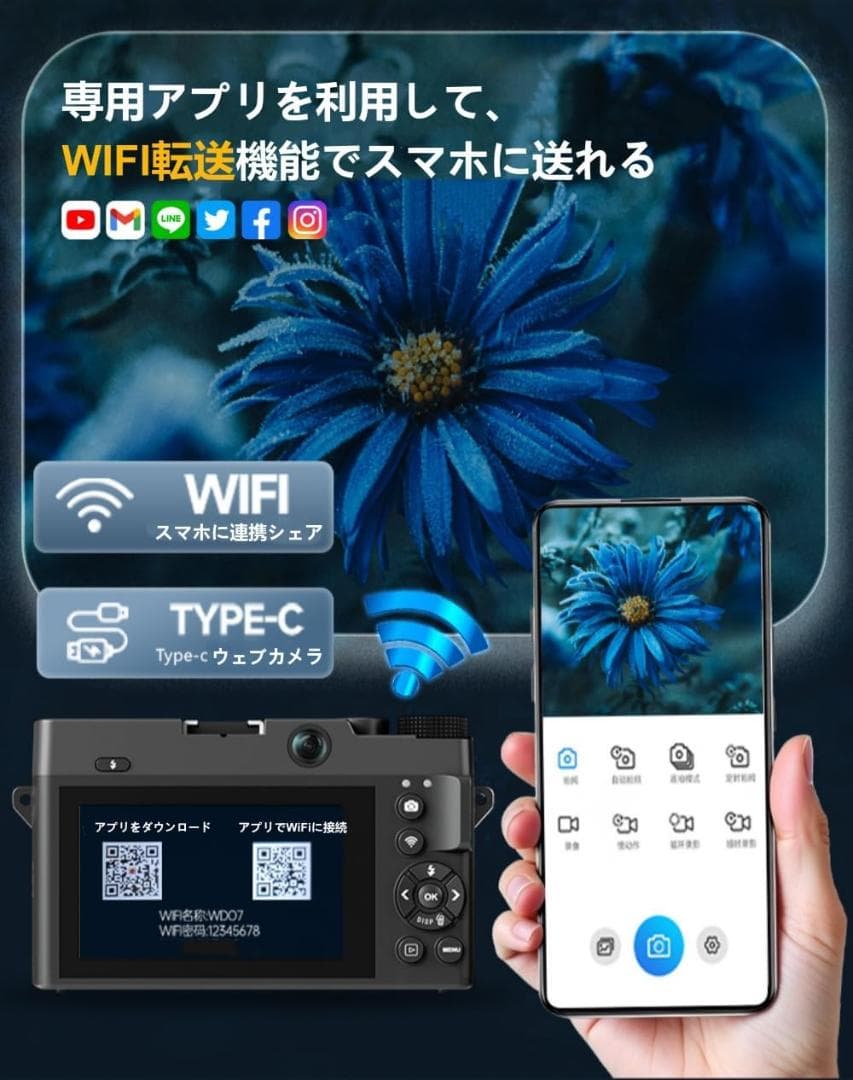 5K高画質 デジタルカメラ WiFi転送 自撮りOK SD付 ブラック デジカメ