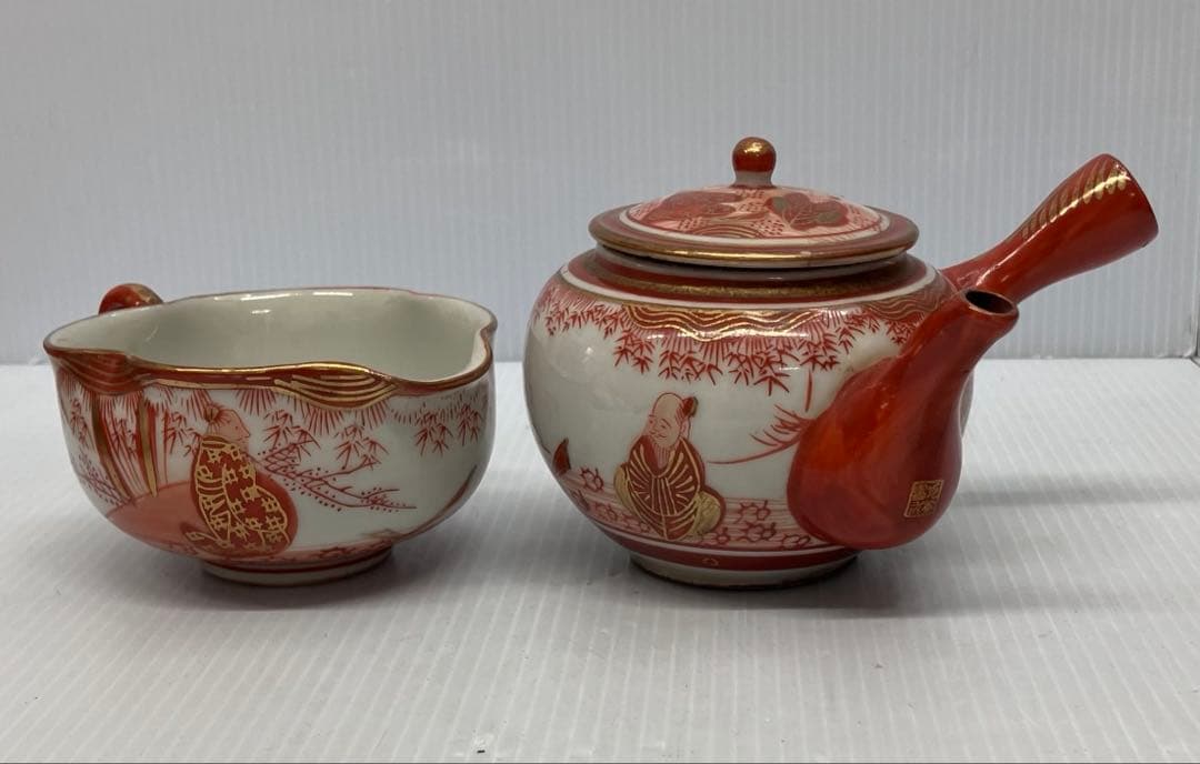 【訳あり】九谷焼 九谷冨永 赤絵金彩 茶器セット 煎茶道具 輪花型湯冷まし