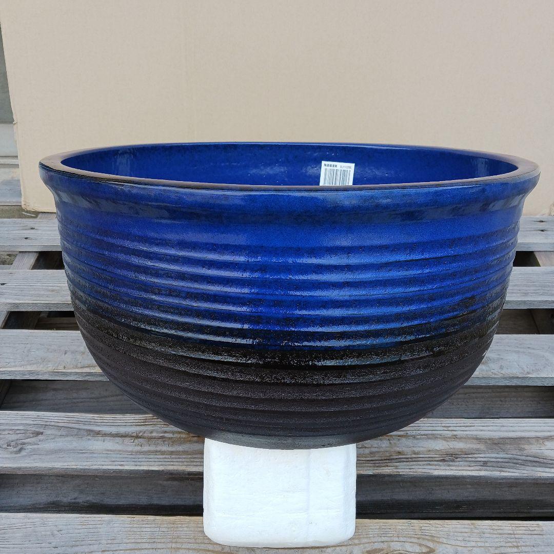 新品　∅51　特大　陶器　睡蓮鉢　手造り　メダカ鉢　難有　ラピスブルー　青LDB