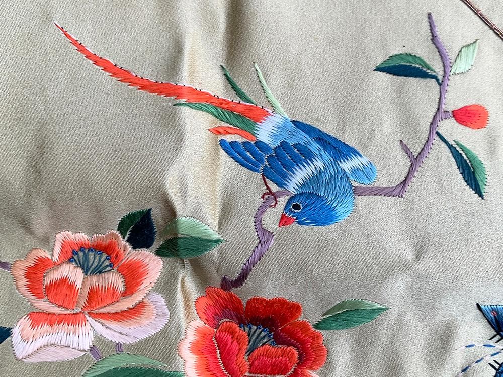 【繍】　★ 織繍 緑緞地花鳥蝶紋繍片 ★　民国期　牡丹 錦鶏 刺繍文様　明清繍品