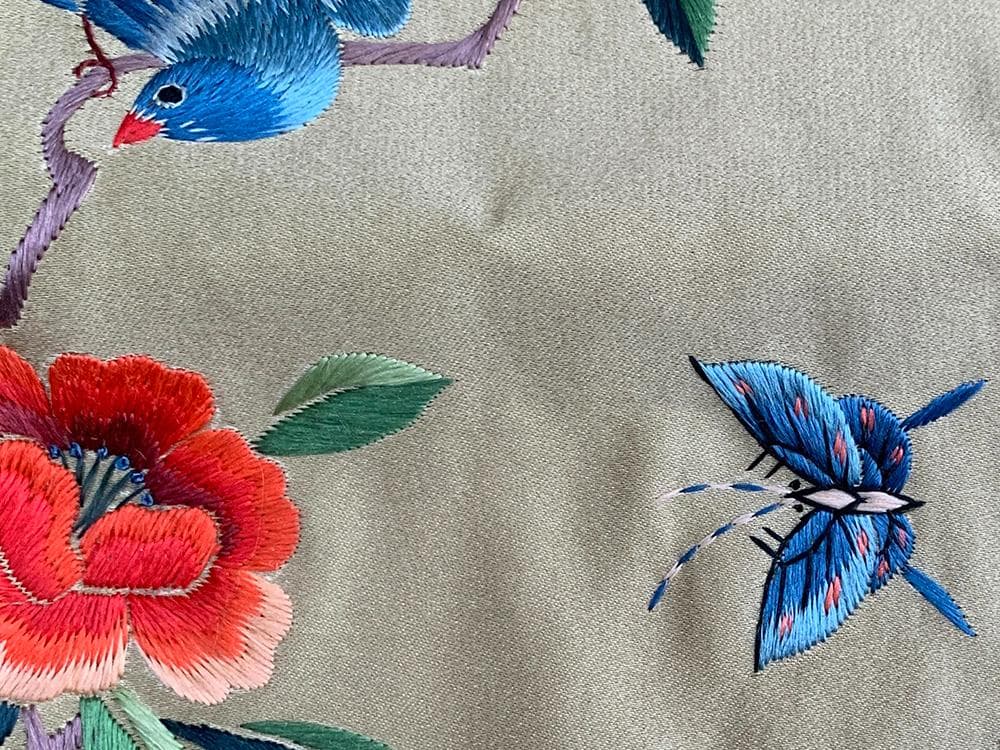 【繍】　★ 織繍 緑緞地花鳥蝶紋繍片 ★　民国期　牡丹 錦鶏 刺繍文様　明清繍品