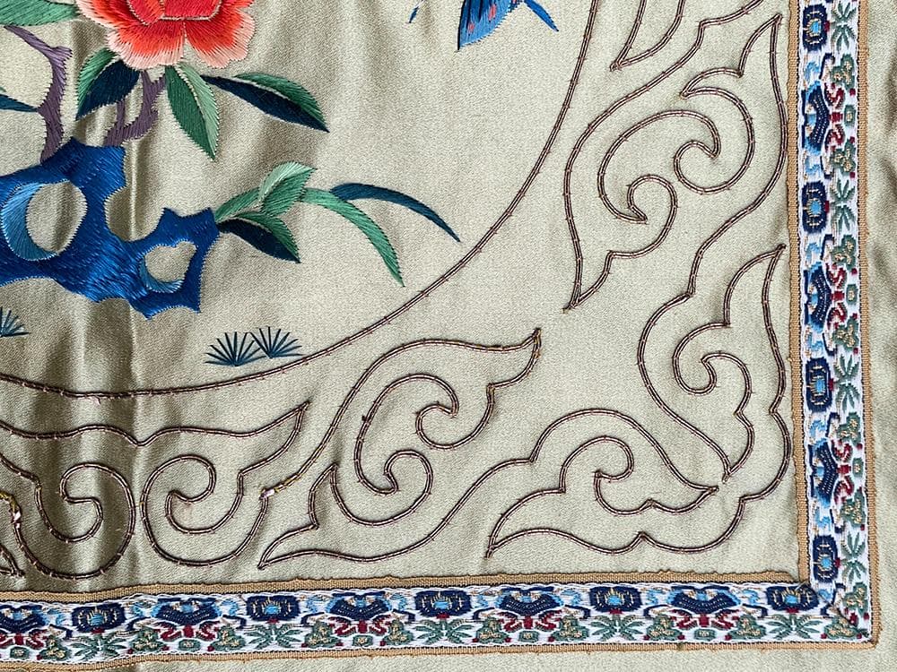 【繍】　★ 織繍 緑緞地花鳥蝶紋繍片 ★　民国期　牡丹 錦鶏 刺繍文様　明清繍品