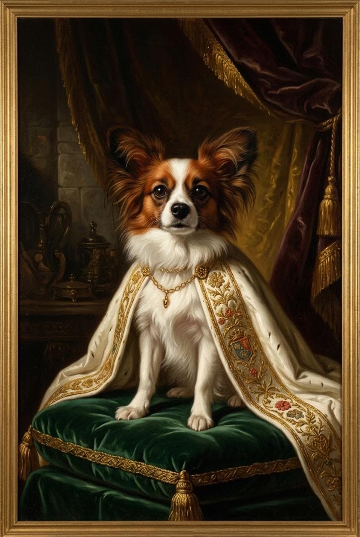 犬（パピヨン）のルネサンス風肖像画 油絵風アートA3額装インテリア壁掛け