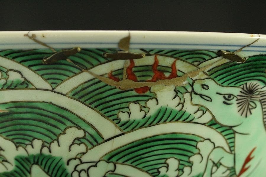 中国美術 五彩 波馬紋 大碗 φ37.8cm(BB511)