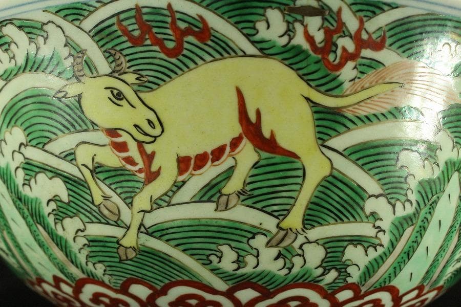 中国美術 五彩 波馬紋 大碗 φ37.8cm(BB511)