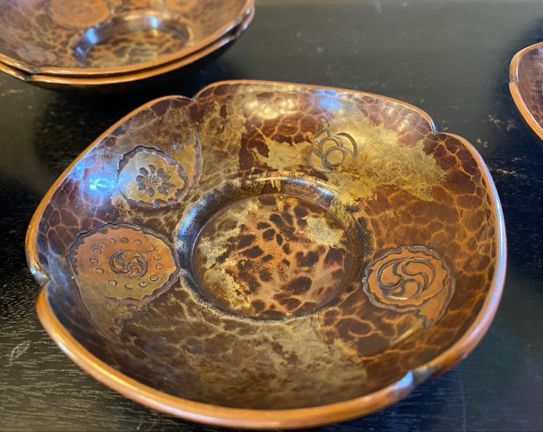 【1客180g 極厚3mm】時代物・鎚起銅器・茶托 5客・重厚 吉祥 蝙蝠 銘有