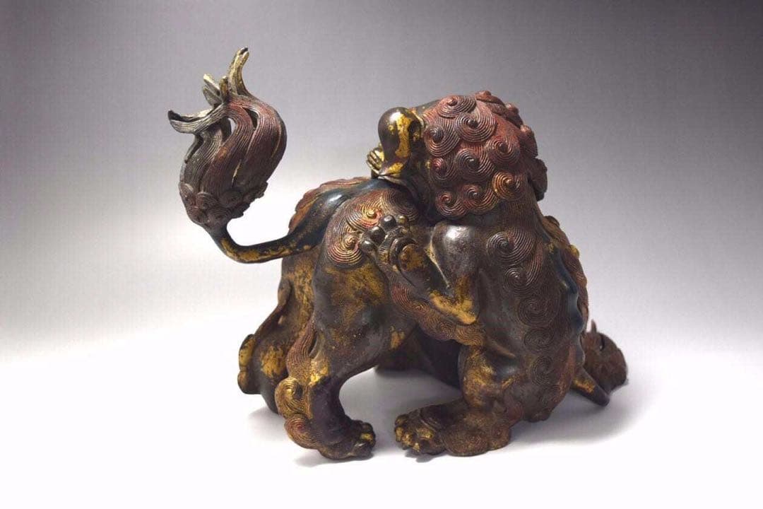 鍍金古銅獅子香爐　美術品　骨董品　金属製　工芸品　香炉　銅製品　中古　香道具