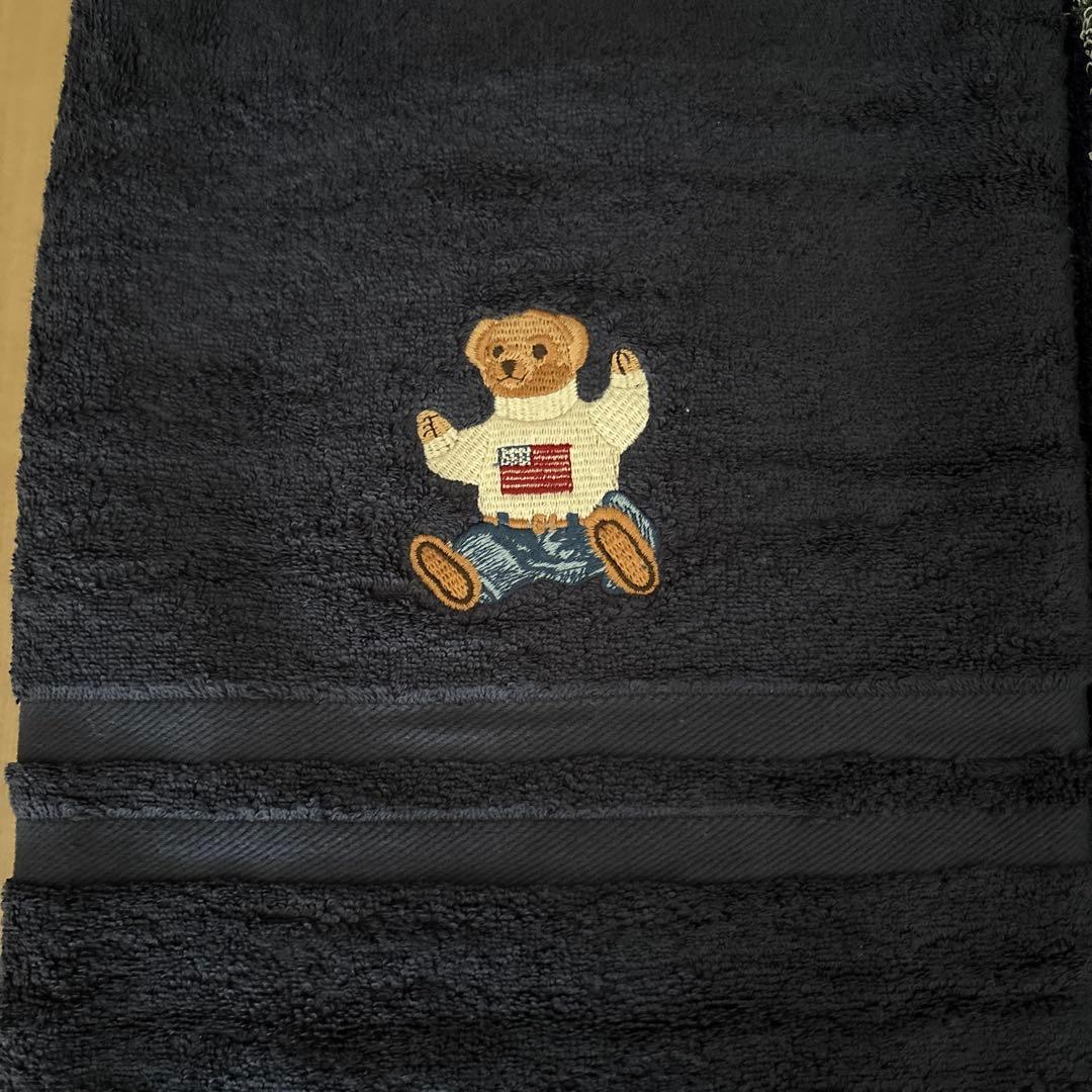 紺のクマ刺繍とグリーンチェックのバスタオル2枚セット