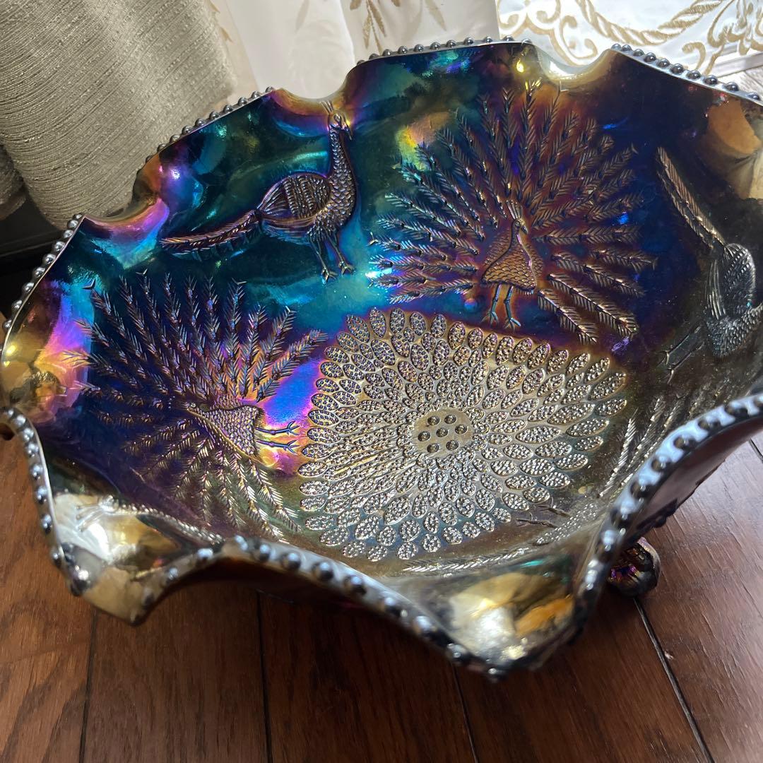 最終処分特価超レアマジカルミラーガラス　大変形深鉢孔雀カーニバルガラス神秘的な美