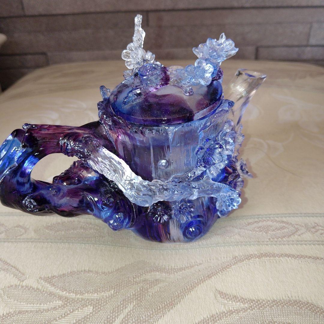 【美品】ガラス細工　ティーポット　工芸品　作家物　一点物　青紫