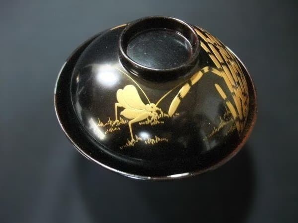 吸い物椀 コオロギ 金蒔絵 五客 天然木 本漆器 骨董 時代物 逸品