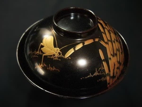 吸い物椀 コオロギ 金蒔絵 五客 天然木 本漆器 骨董 時代物 逸品