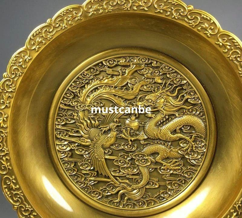 銅器 龍鳳盤 縁起物 果盤 供盤 装飾品 工芸品 置物
