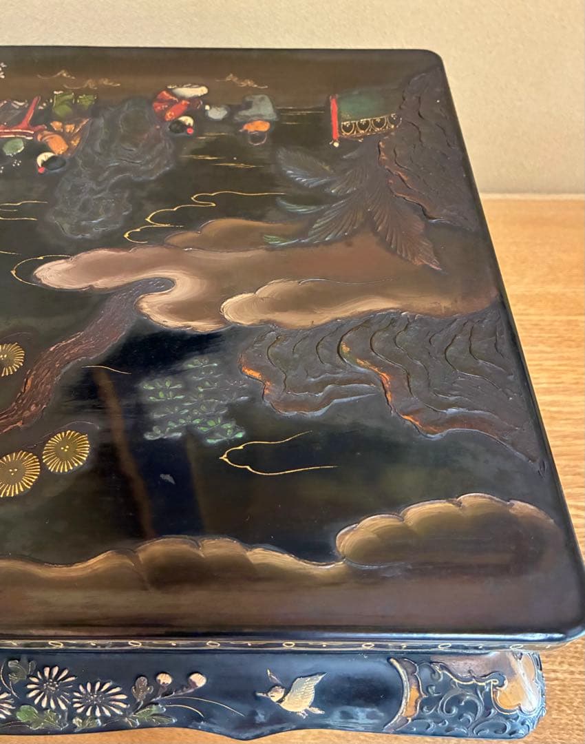 飾台 黒漆 蒔絵 木彫 文人 山水 猫足 中国古玩 古美術品 骨董品