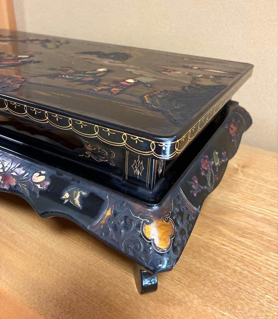 飾台 黒漆 蒔絵 木彫 文人 山水 猫足 中国古玩 古美術品 骨董品