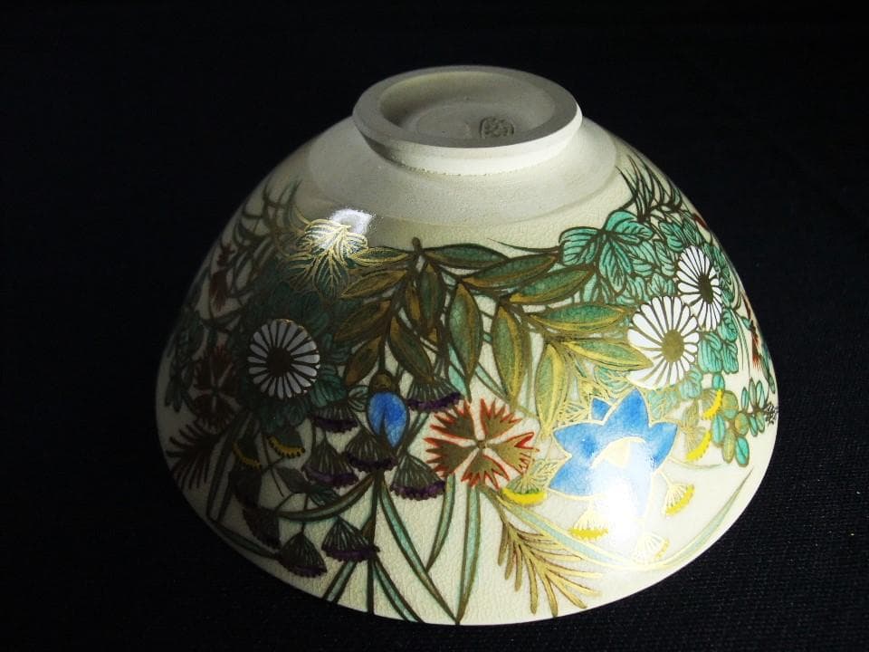 清閑寺窯 杉田祥平造 色絵 杜若 秋草画 茶道具 抹茶茶碗 未使用 共箱