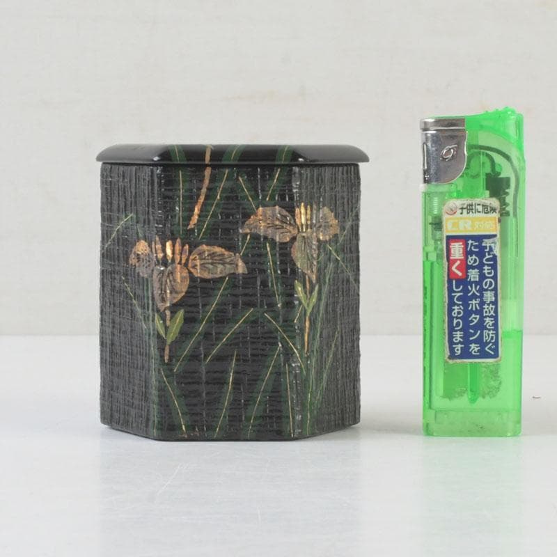 茶道具　山中塗　中村宗悦作　黒一閑　杜若蒔絵　茶器　共布共箱　V　9948