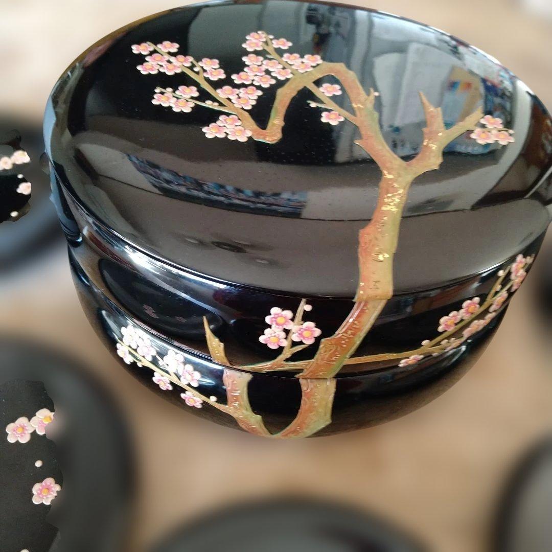 【未使用】琉球漆器 2段重箱或いは菓子器 皿5枚 フォーク5本セット