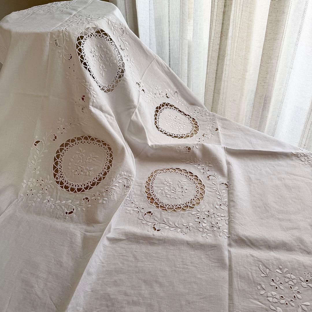 ヴィンテージ 白系刺繍 レース テーブルクロスリネン 正方形 104cm
