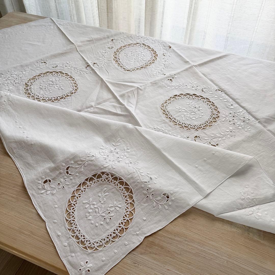 ヴィンテージ 白系刺繍 レース テーブルクロスリネン 正方形 104cm