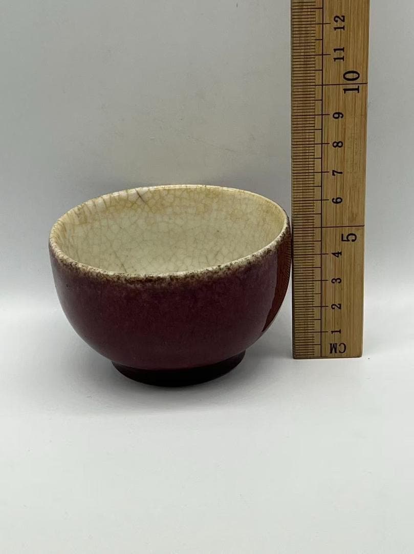 清時代　郎窯紅釉碗　紅釉開片内白釉碗　豇豆紅釉茶盞 深腹碗(F-144)