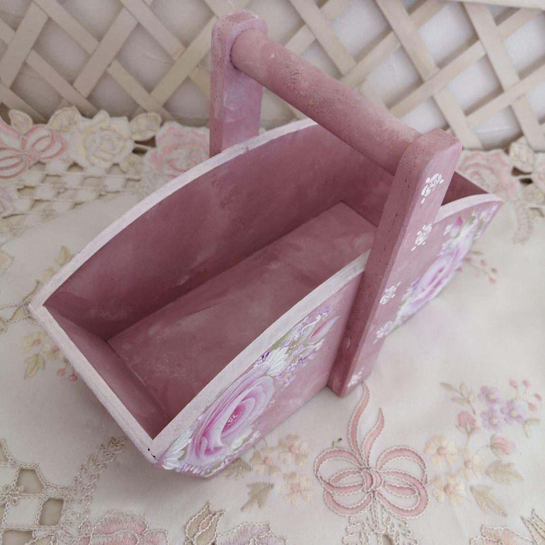 専用　薔薇のピンク木製収納バスケット　トールペイント