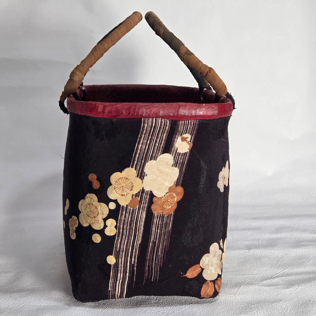 ハンドメイド桜柄の布製一閑張籠バッグ
