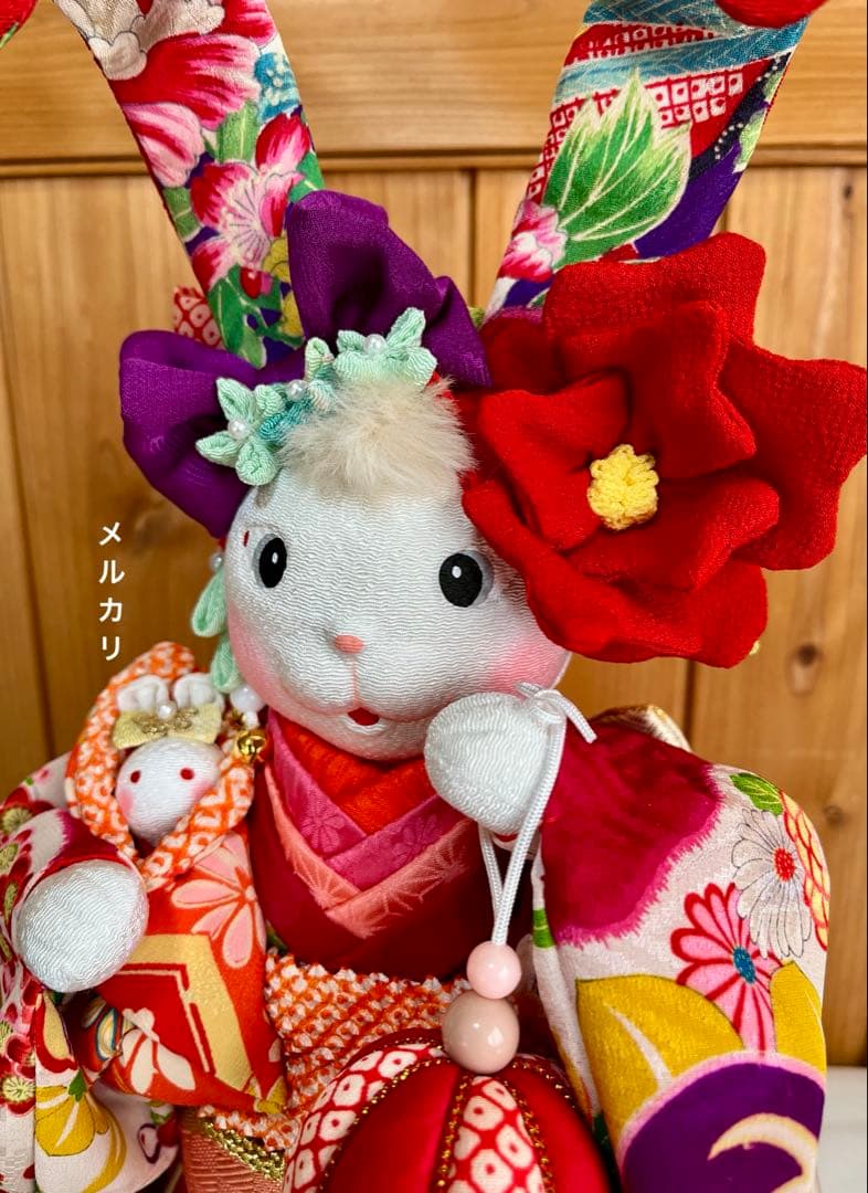 ㉕【うさぎの創作人形】　耳長ウサギ　ちりめん細工　縮緬細工　和雑貨　うさぎの置物