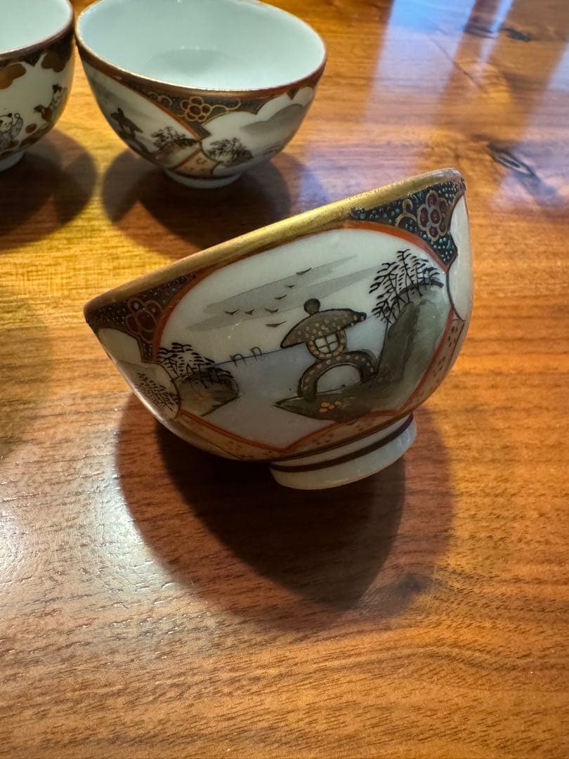 【希少品】大正期　骨董品　古九谷　急須/ 湯冷まし/茶碗4客　青粒模様