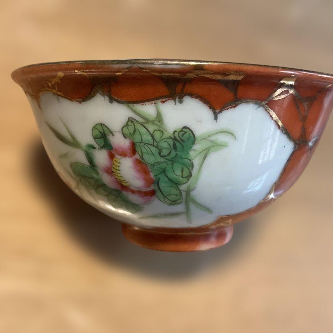 中国民国時代の鶴と草花の絵柄 茶碗