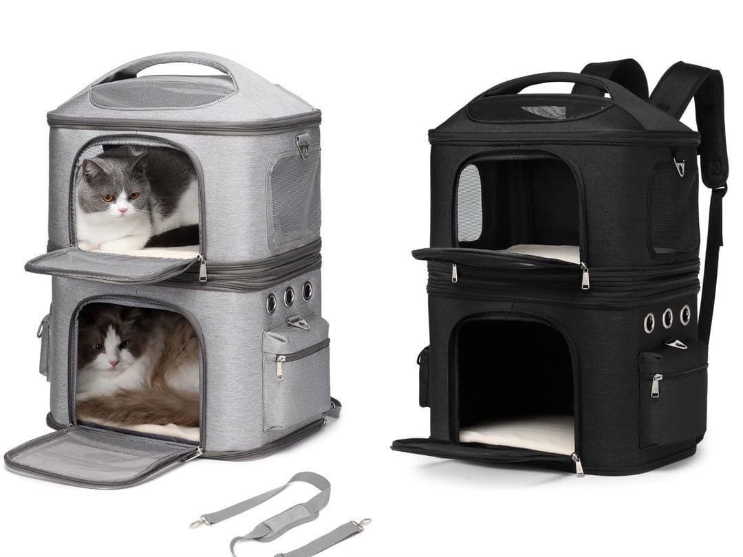 猫 2匹 リュック 分離可 キャリー 2層 ペット キャリーバッグ グレー