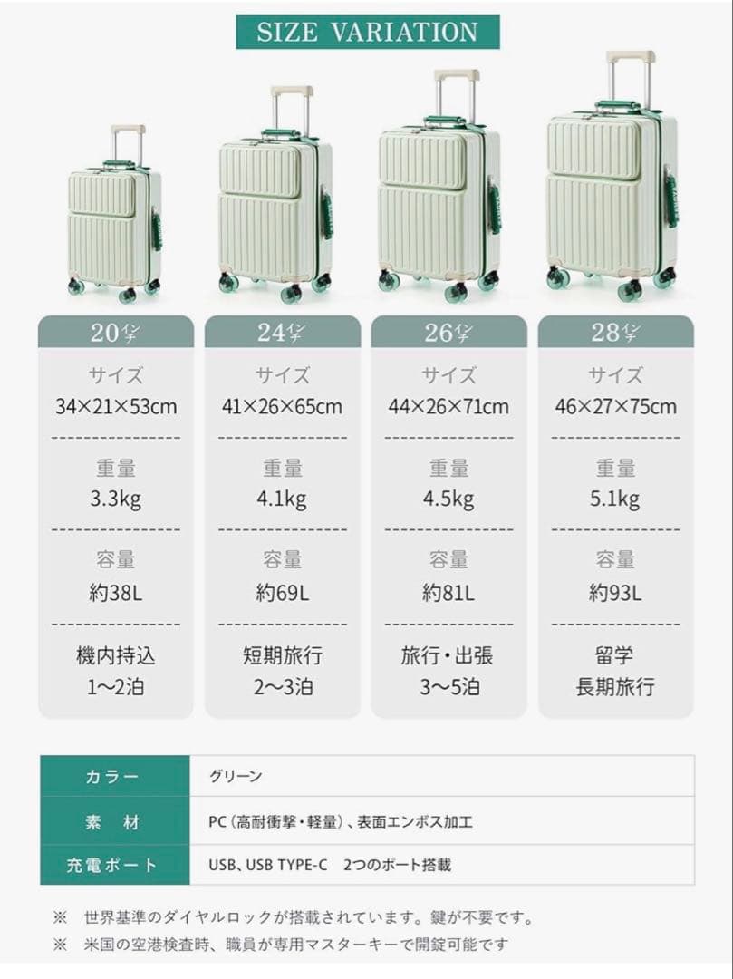 ☘ フロントオープン スーツケース 機内持込 USBポート カップホルダー付