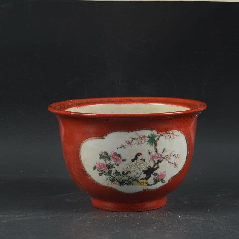 沙紅開窓ツル花鳥図菖蒲鉢 花鉢 景徳鎮 陶磁器 装飾品 現代工芸品 美術品 置物